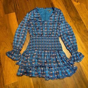 Aqua Pendleton women’s smocked waist‎ v-neck mini dress size medium